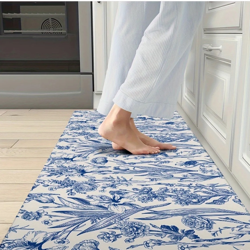 Blue and White Floral Kitchen Mat